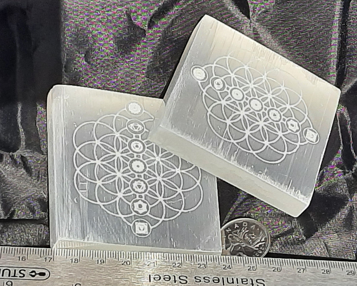 Selenite Charge Plate, 8cm, Square, Flower of Life with Chakra