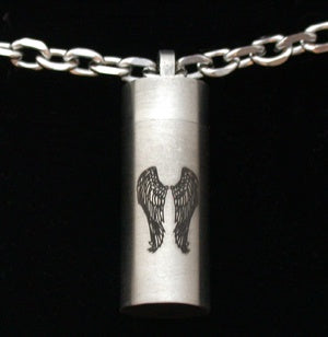 Pendant Vial Angel Wing Stainless Steel on Cardstock