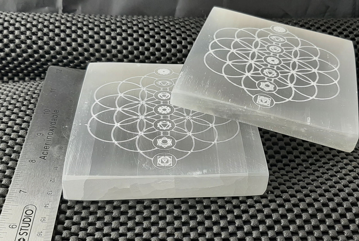 Selenite Charge Plate, 14cm, Square, Flower of Life with Chakra