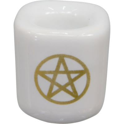 Mini Candle Holder, Ceramic, with Gold Pentacle, White