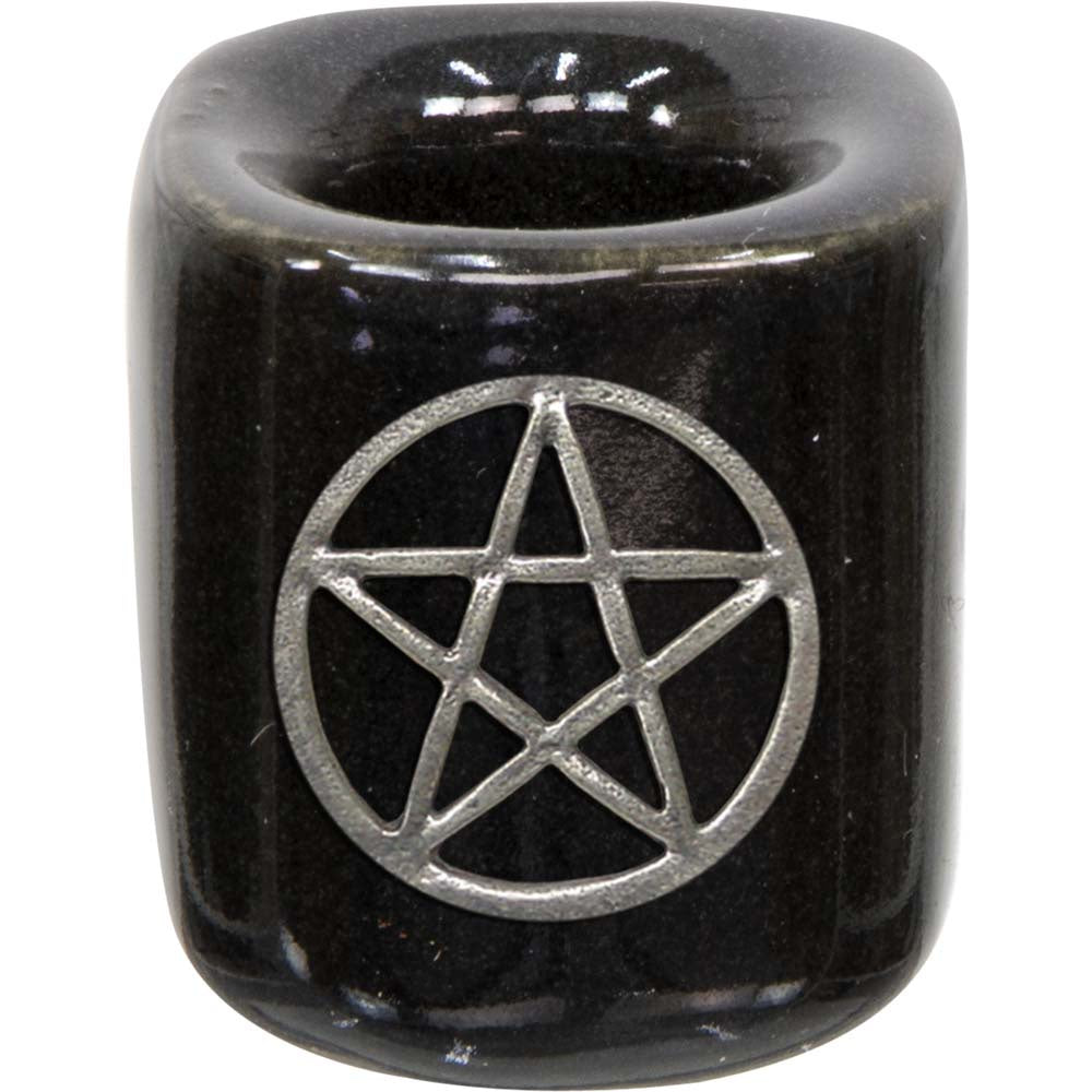Mini Candle Holder, Ceramic, Pentacle Raised, Black