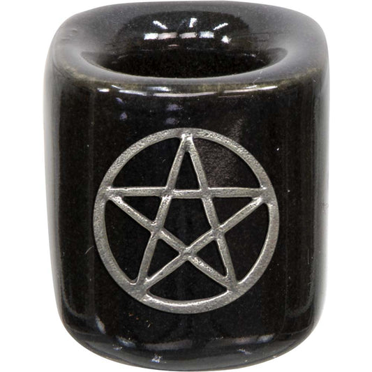 Mini Candle Holder, Ceramic, Pentacle Raised, Black