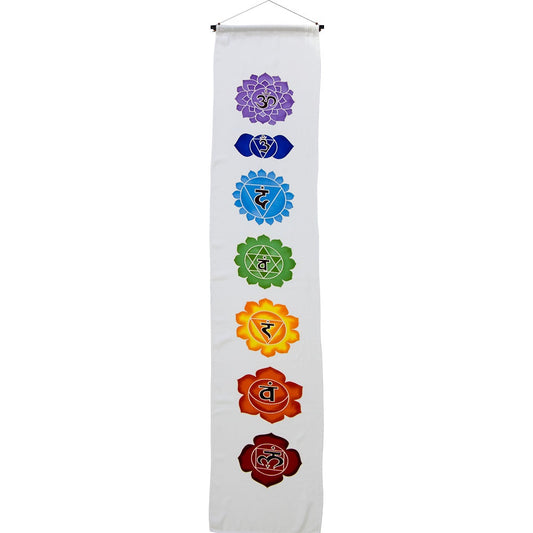 Banner, White Hand Painted Chakras, Rayon 12"x62"