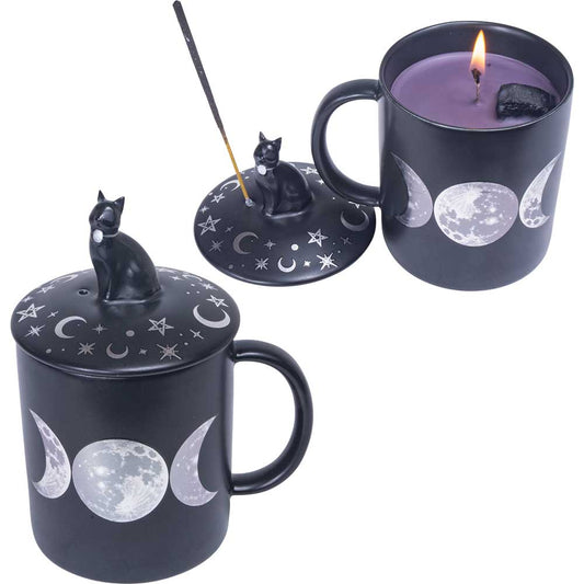 Coffee Mug Candle & Incense Holder, Moon Phases w/ Tourmaline, 5.5in