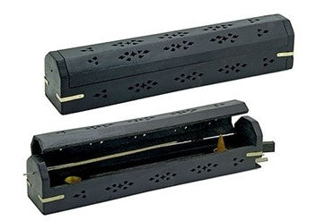 Burner, Black Plain Coffin Carved Wooden Box Incense Stick or Cone