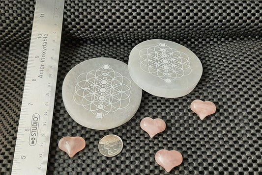 Selenite Charge Plate, 8cm, Circle, Flower of Life with Chakra