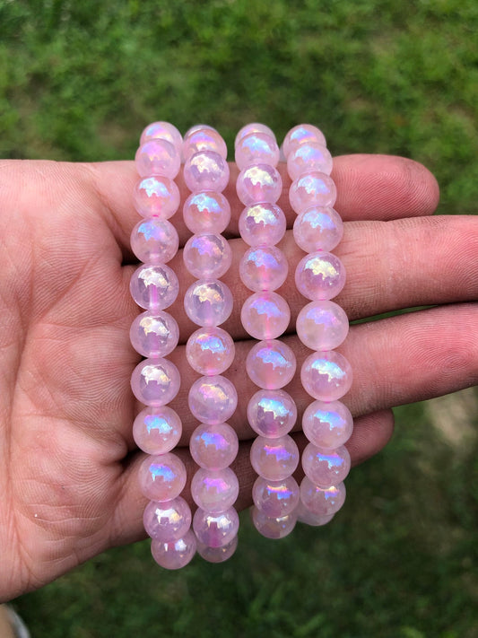 Quartz Rose with Angel Aura Round Bracelet, 8mm RETAIL_NO RESTOCK AVAILABLE